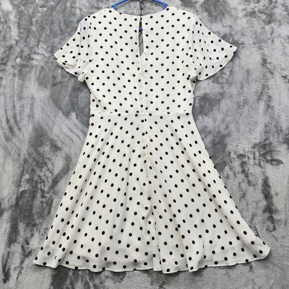 Express Dress Womens 8 White Black Polka Dot Flutter Sleeve Fit & Flare Lined - Picture 2 of 10